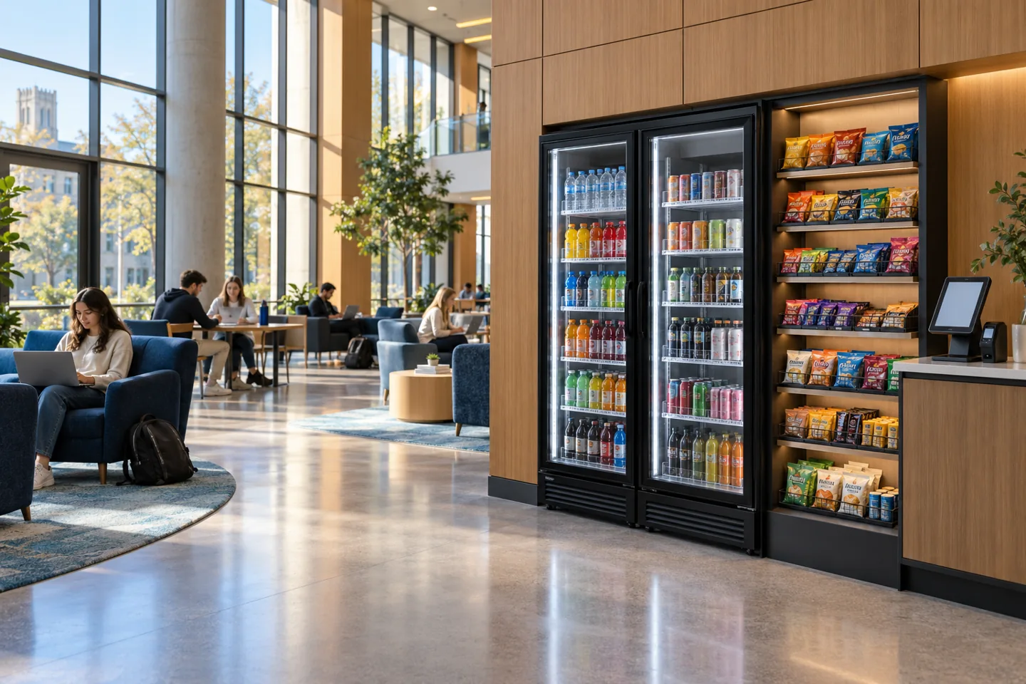 Illustrative campus commons with two beverage coolers, packaged snacks, and a self-service checkout